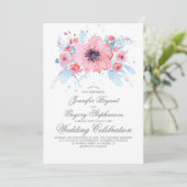 Invitation Aquarelles bleu et rose Mariage floral (Debout devant)