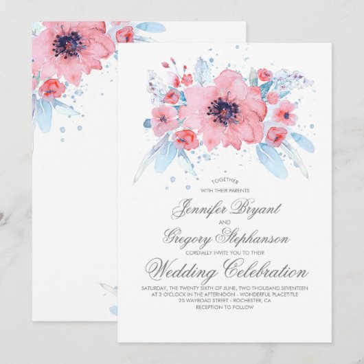 Invitation Aquarelles bleu et rose Mariage floral (Devant / Derrière)
