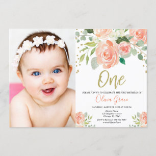 Invitation Aquarelles d'or de pêche fille 1er anniversaire