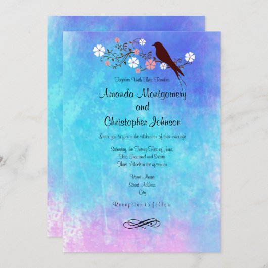 Invitation Aquarelles élégantes en Mariage bleu violet rose (Devant / Derrière)
