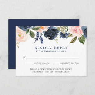 Invitation Aquarelles florale rose et bleu marine RSVP