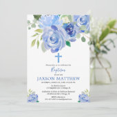 Invitation Aquarelles florales bleu marine baptême garçon (Debout devant)