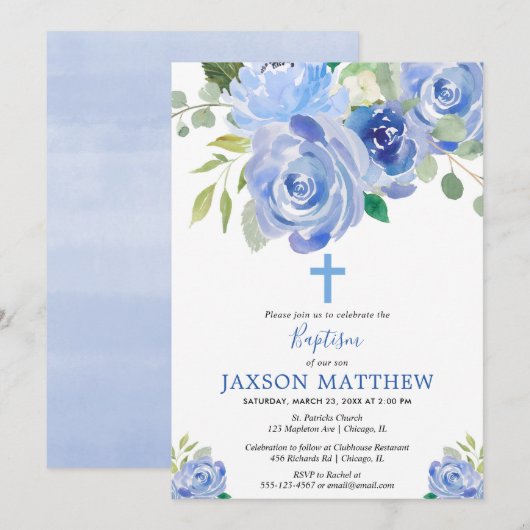 Invitation Aquarelles florales bleu marine baptême garçon (Devant / Derrière)