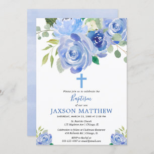 Invitation Aquarelles florales bleues de la marine garçon bap