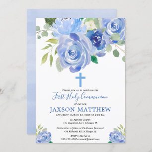 Invitation Aquarelles florales bleues de premier garçon de