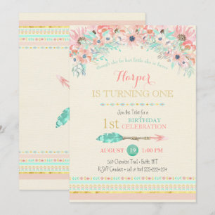 Invitation Aquarelles Florales Bohème Tribale Flèche Pêche Me