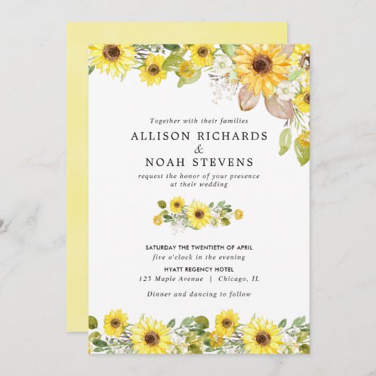 Invitation Aquarelles mariages de tournesol (Devant / Derrière)