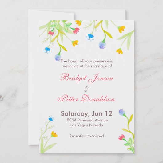 Invitation Aquarelles romantiques Fleurs colorées Mariage (Devant)