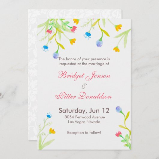 Invitation Aquarelles romantiques Fleurs colorées Mariage (Devant / Derrière)