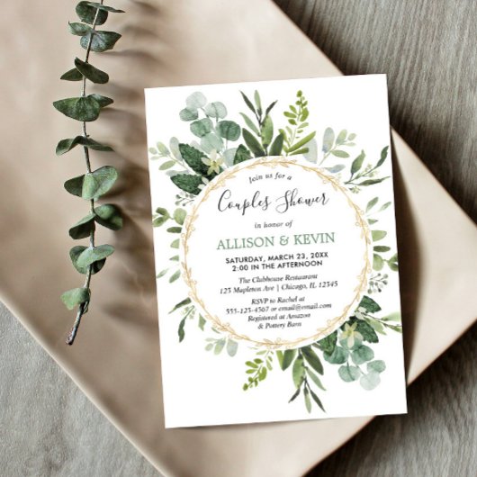 Invitation Aquarelles vertes couples douche nuptiale moderne