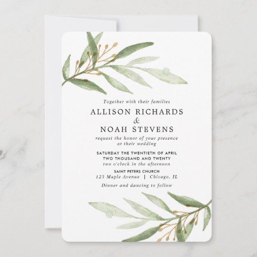 Invitation Aquarelles vertes or vert feuille mariage (Devant)