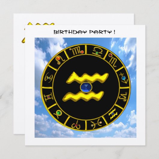 INVITATION AQUARIUS.GOLD ZODIAC SIGNE D'ANNIVERSAIRE, GRAPHIQ (Devant / Derrière)