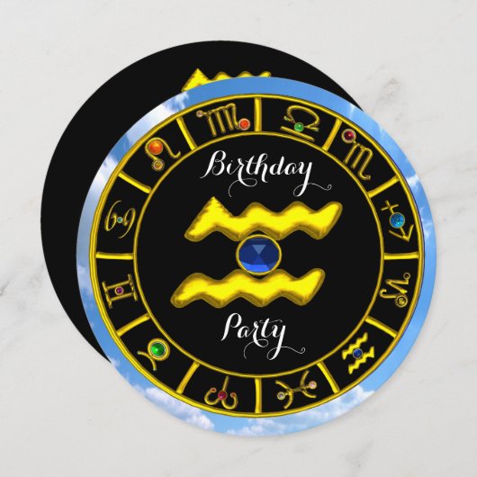 INVITATION AQUARIUS.GOLD ZODIAC SIGNE D'ANNIVERSAIRE, GRAPHIQ (Devant / Derrière)