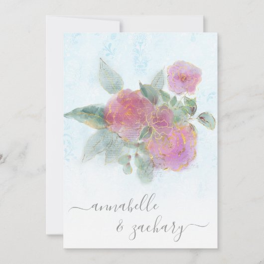Invitation *~* AR12 QR Damask RSVP Rose Bouquet Mariage Invi (Devant)