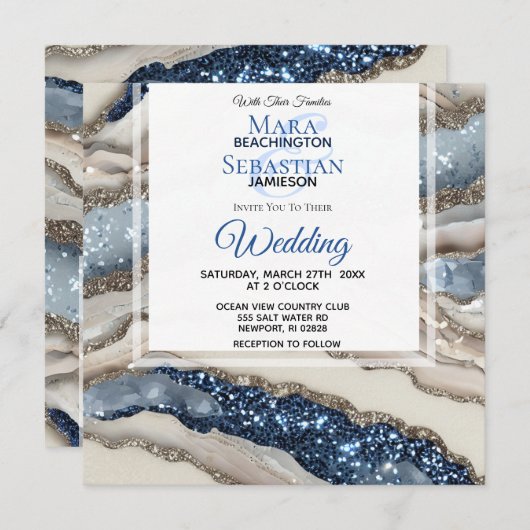 Invitation *~* AR66 BLUE IVORY SILVER Agate RSVP QR Mariage (Devant / Derrière)
