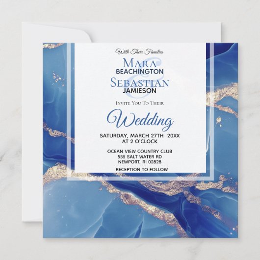 Invitation *~* AR66 Poudre BLue Gold Agate RSVP QR Mariage (Devant)