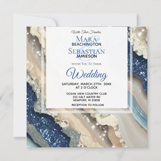Invitation *~* AR66 QR BLUE IVORY SILVER Agate RSVP Mariage (Devant)