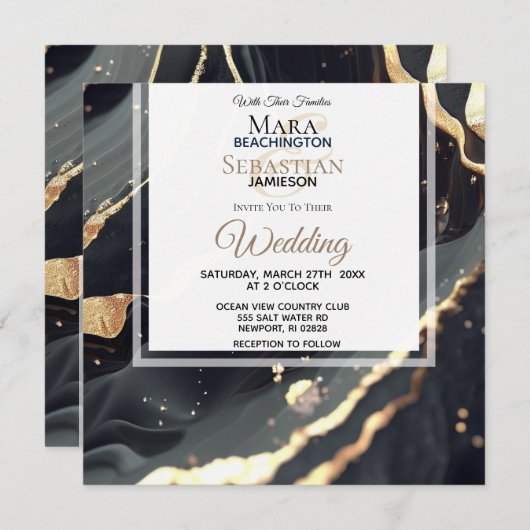 Invitation *~* AR66 RSVP Black Gold Agate QR Mariage (Devant / Derrière)