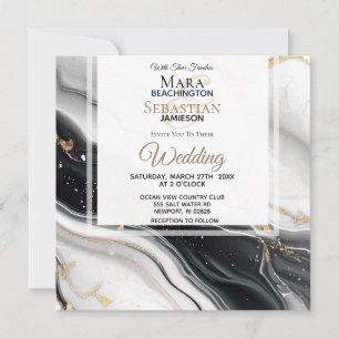 Invitation *~* AR66 RSVP White Black Gold Agate QR Mariage