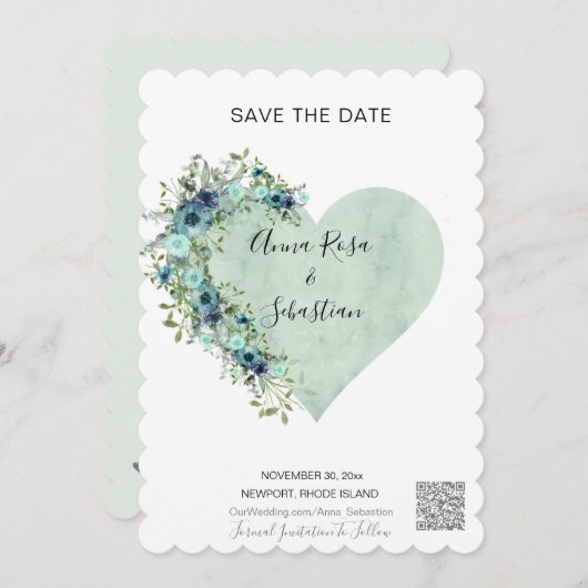 Invitation *~* AR6 Heart Floral Aqua QR MARIAGE ENREGISTRER L (Devant / Derrière)