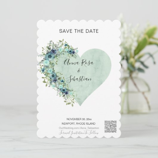 Invitation *~* AR6 Heart Floral Aqua QR MARIAGE ENREGISTRER L (Debout devant)