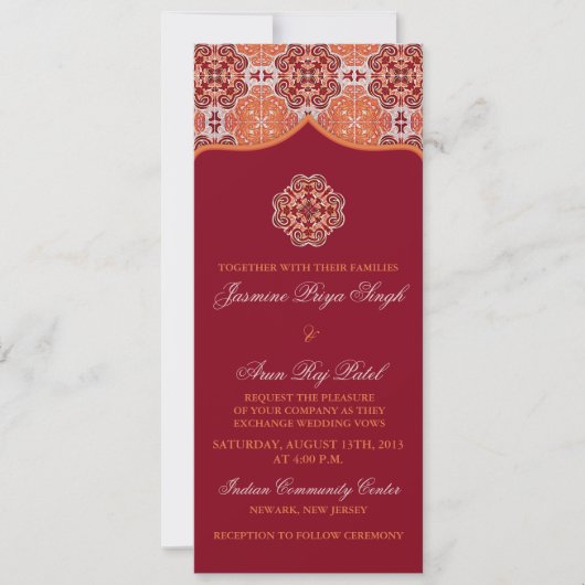 Invitation Arabesque Orange Rouge Indien Mariage Longueur du (Devant)