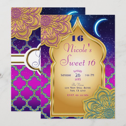 Invitation Arabian Nights Glam Gold violet fête d'anniversair (Devant / Derrière)