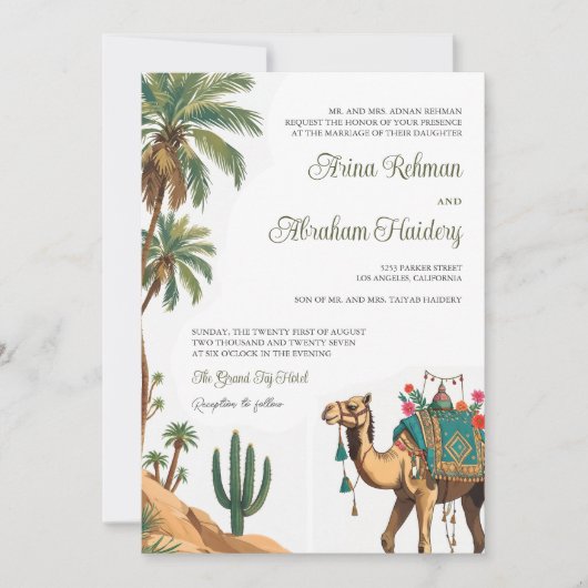 Invitation Arabian Palm Desert Camel QR Code Mariage (Devant)