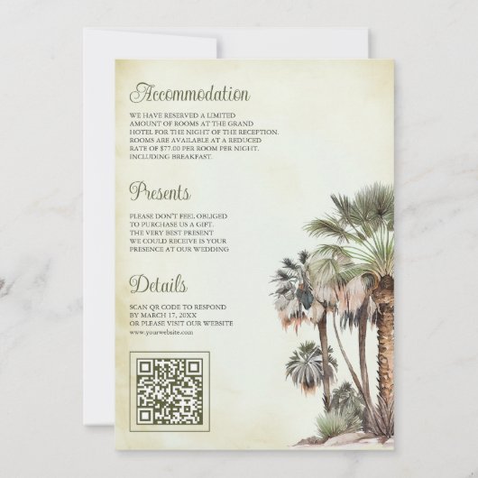 Invitation Arabian Palm Desert Camel QR Code Mariage musulman (Dos)