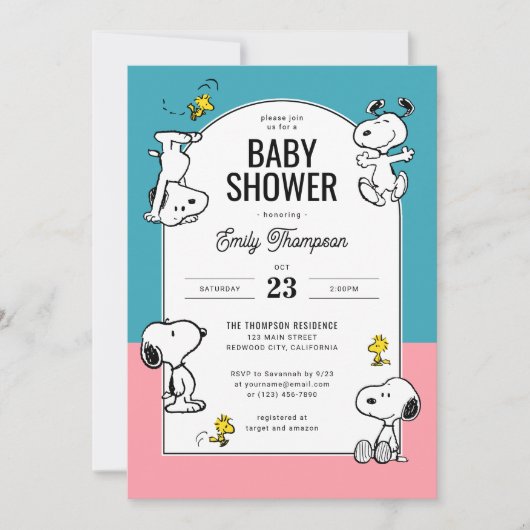 Invitation Arachides Snoopy & Bois Baby shower rose et bleu (Devant)