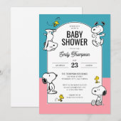 Invitation Arachides Snoopy & Bois Baby shower rose et bleu (Devant / Derrière)