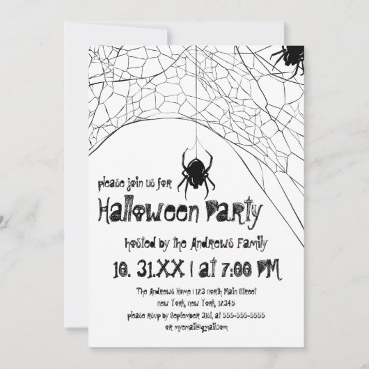 Invitation Araignée noire blanche effrayante et Halloween Web (Devant)