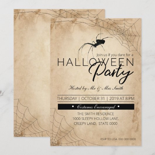 Invitation Araignée noire d'Halloween (Devant / Derrière)