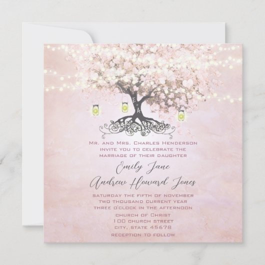 Invitation Arbre à feuilles en forme de cœur rose simplement (Devant)