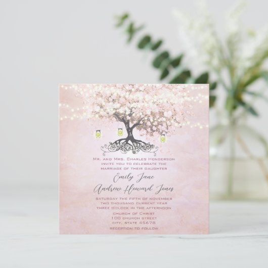 Invitation Arbre à feuilles en forme de cœur rose simplement (Debout devant)