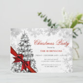 Invitation Arbre à pin de Noël, Argent et Ruban Rouge (Debout devant)