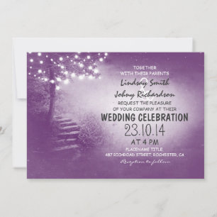 Invitation arbre avec lampes à cordes violet mariage rustique