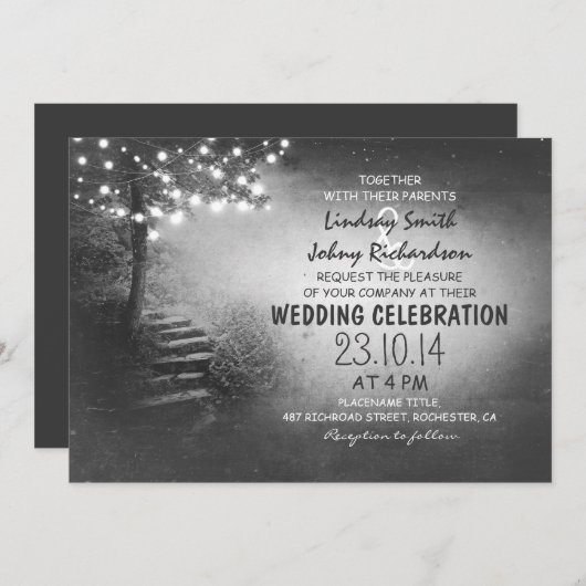 Invitation arbre avec lumières à cordes noir & blanc mariage (Devant / Derrière)