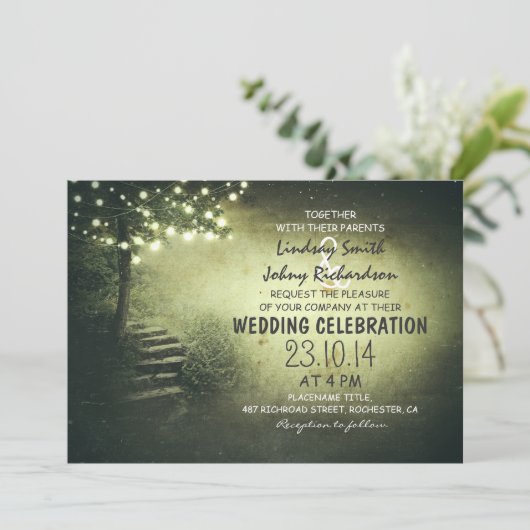 Invitation arbre avec lumières à cordes vert mariage rustique (Debout devant)