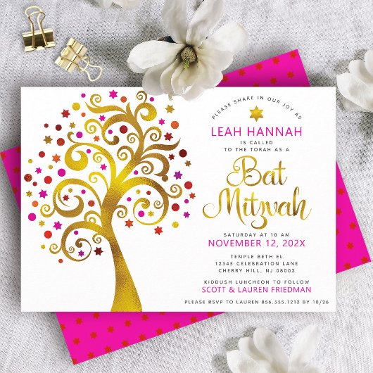 Invitation Arbre bat mitzvah Rouge Or Foil Arbre de vie moder