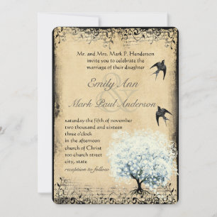Invitation Arbre Bleu à Feuille de Coeur en Parchémin Faux Vi