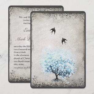 Invitation Arbre Bleu Feuille de Coeur Vintage Oiseau Parchem