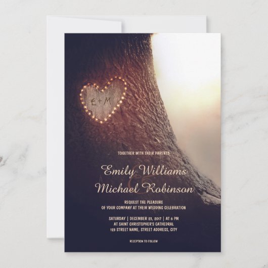 Invitation Arbre Coeur sculpté Rustique et mariage vintage (Devant)
