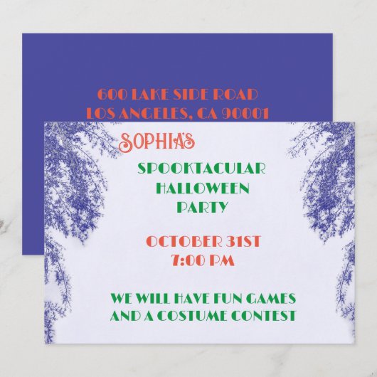 Invitation Arbre couleur bleuet Halloween gothique élégant (Devant / Derrière)