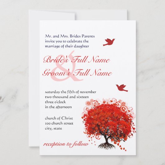 Invitation Arbre d'amour rouge Oiseaux de mariage (Devant)