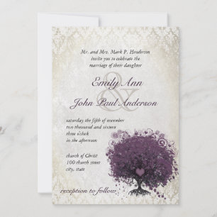 Invitation Arbre d'aubergine feuille coeur Mariage damassé Vi