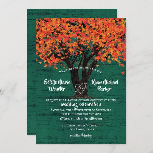 Invitation Arbre d'automne avec coeur sculpté Mariage rustiqu (Devant / Derrière)