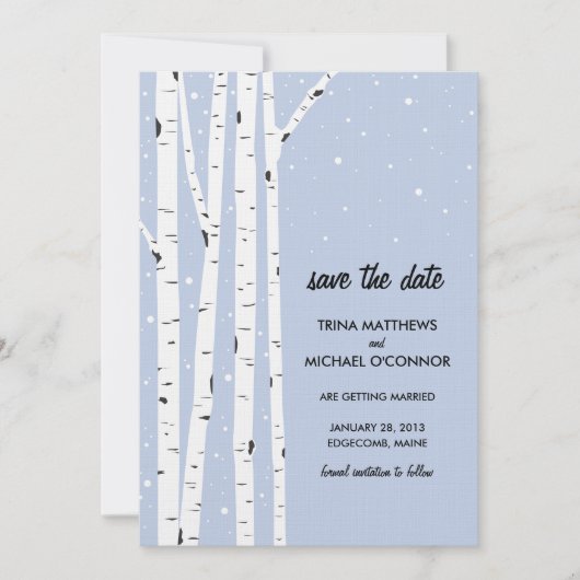 Invitation Arbre de bouleau et neige Enregistrez la date (Devant)