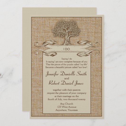 Invitation Arbre de chêne sur Mariage Burlap (Devant / Derrière)