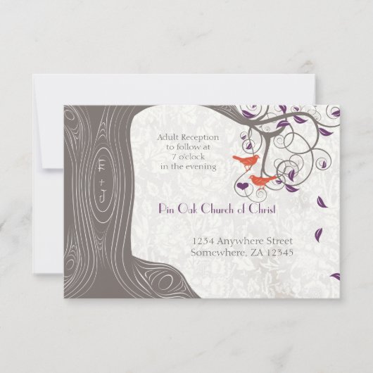 Invitation Arbre de Driftwood Tangerine Birds Purple Leaf Mar (Devant)